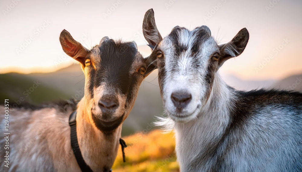 Two Inquisitive Goats in Highland Pasture, Gazing Directly into the Camera Lens with Bold Expressions, Captured Amidst a Backdrop of Autumnal Tones and Rugged Textures, Embracing the Serene Calm Two Inquisitive Goats in Highland Pasture, Gazing Directly into the Camera Lens with Bold Expressions, Captured Amidst a Backdrop of Autumnal Tones and Rugged Textures, Embracing the Serene Calm