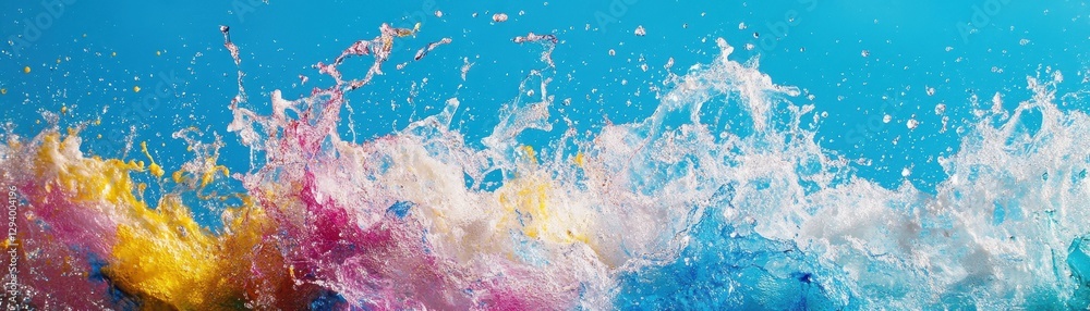 Vibrant, brightly colored water splashes joyfully from a powerful jet, contrasting against a clear blue sky. Vibrant, brightly colored water splashes joyfully from a powerful jet, contrasting against a clear blue sky.