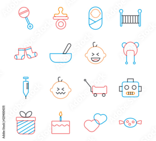 Set of vector icons of baby shower in lines with white background