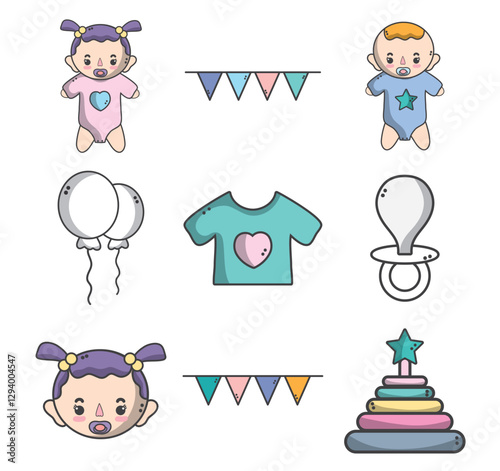 Set of baby shower vector icons with white background