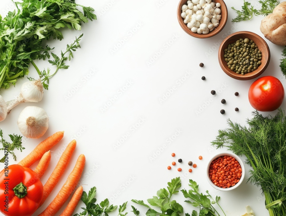 Fresh vegetables and herbs arranged on a white background creating a vibrant and healthy food concept flat lay top view studio shot