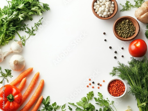 Obraz na płótnie Fresh vegetables and herbs arranged on a white background creating a vibrant and healthy food concept flat lay top view studio shot w salonie