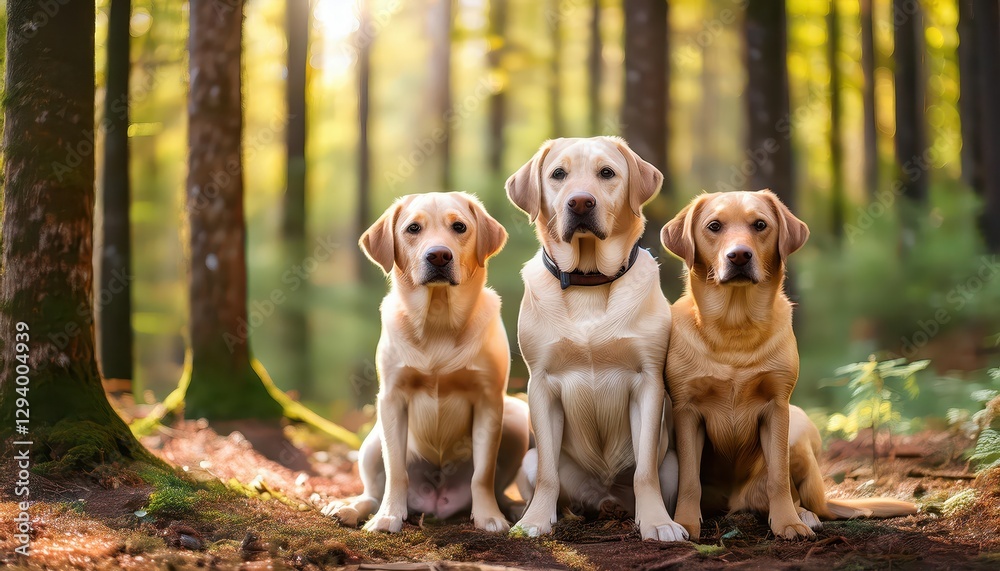 Two Playful Labrador Retrievers in a Forest Landscape Serene Nature Portrait of Waiting Canines Basking in the Dappled Sunlight Amidst the Green and Brown Hues of the Woodlands, Capturing Two Playful Labrador Retrievers in a Forest Landscape Serene Nature Portrait of Waiting Canines Basking in the Dappled Sunlight Amidst the Green and Brown Hues of the Woodlands, Capturing