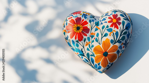 Hand-painted ceramic heart with intricate floral patterns on a white background, symbolizing love, tradition, and craftsmanship in Mexican folk art.