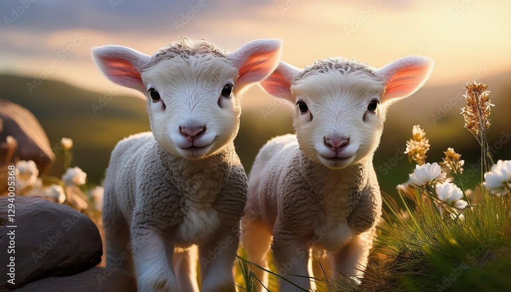 Two Playful Lambs Frolicking in the Meadow, Capturing a Charming Rural Scene with Soft Pastel Hues and a Sunlit Atmosphere. Two Playful Lambs Frolicking in the Meadow, Capturing a Charming Rural Scene with Soft Pastel Hues and a Sunlit Atmosphere.