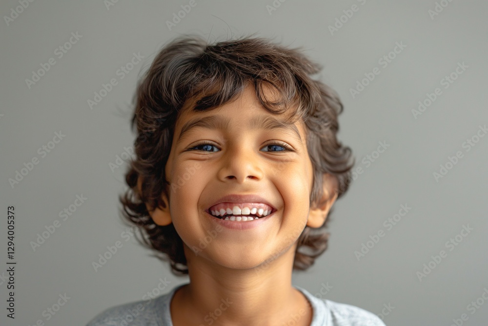 Smiling young boy with curly hair and bright eyes against a neutral background. Smiling young boy with curly hair and bright eyes against a neutral background.