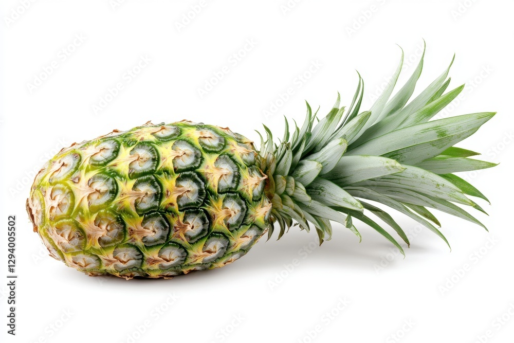 Tropical pineapple fruit lying horizontally on a white background showcasing its vibrant color and texture in a studio shot with natural lighting Tropical pineapple fruit lying horizontally on a white background showcasing its vibrant color and texture in a studio shot with natural lighting