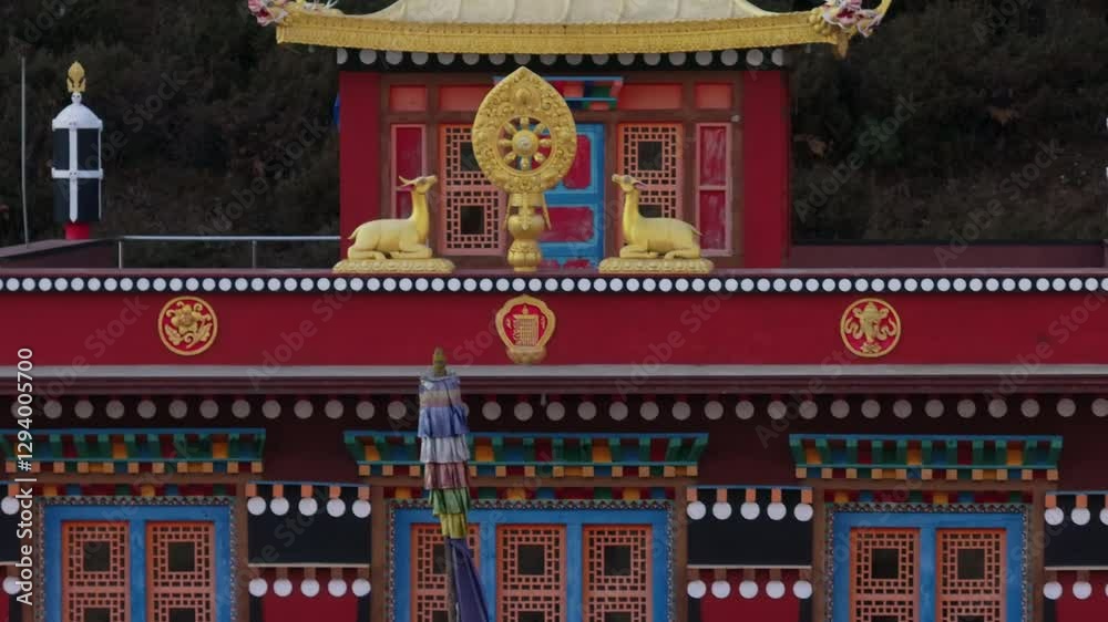 Monastery standing in Phakding, Nepal, showcasing classic Sherpa Buddhist design with dramatic Himalayan mountain backdrop Monastery standing in Phakding, Nepal, showcasing classic Sherpa Buddhist design with dramatic Himalayan mountain backdrop