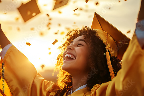 Joyful african female teen graduate celebrates graduation at sunset in yellow cap and gown