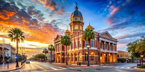 Historic Volusia County Courthouse, DeLand, Florida - Panoramic Street View with Copper Dome Clock