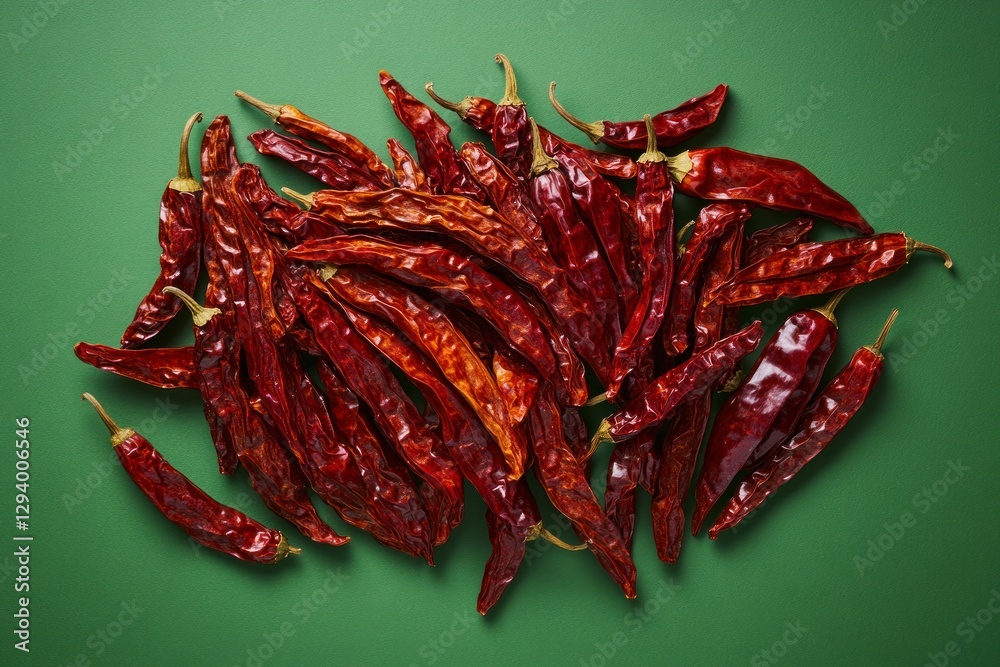 group of dark red dried chili peppers arranged in an overhead shot on a green background