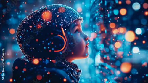 Envisioning Tomorrow: Child in Helmet Gazing at Futuristic Lights