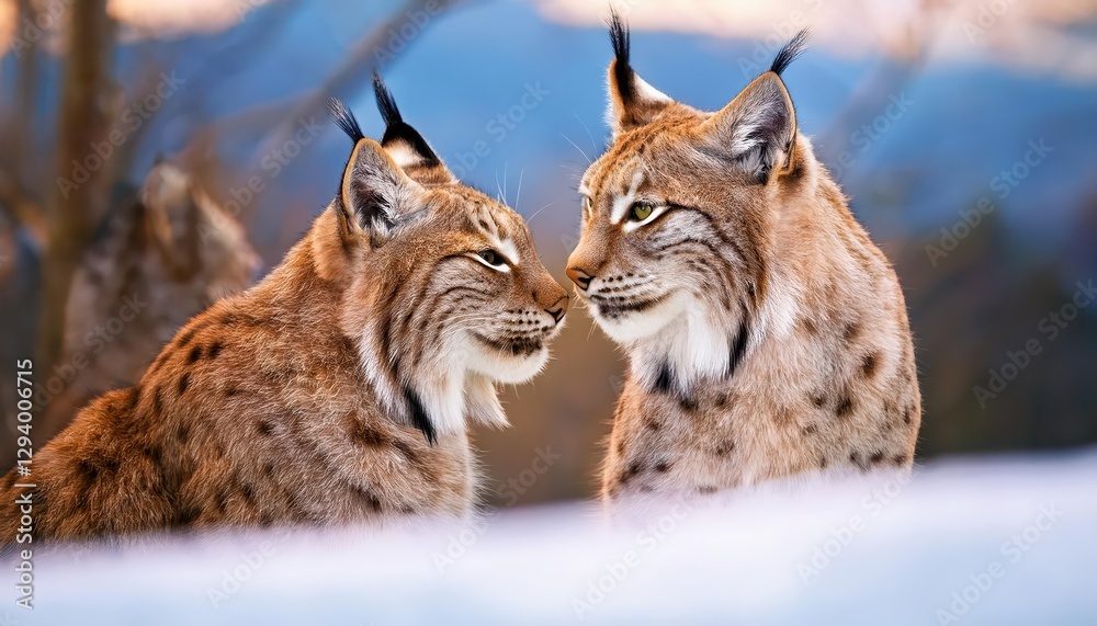 Two Enamored European Lynxes in Winter Wonderland Majestic Felines Frolicking Amidst Snowy Backdrop, Evoking Serene Tranquility and Wild Beauty. Two Enamored European Lynxes in Winter Wonderland Majestic Felines Frolicking Amidst Snowy Backdrop, Evoking Serene Tranquility and Wild Beauty.