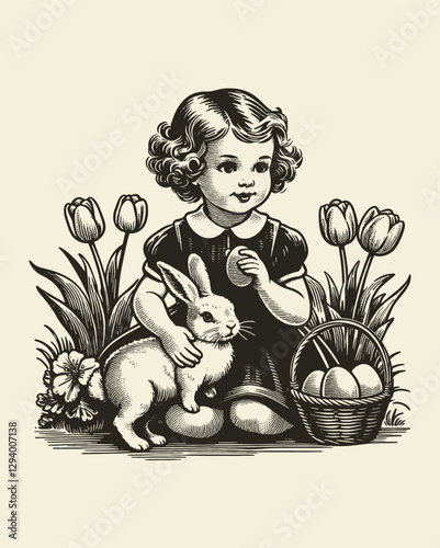 Vintage engraved Easter postcard of a girl with a rabbit, tulips, and a basket