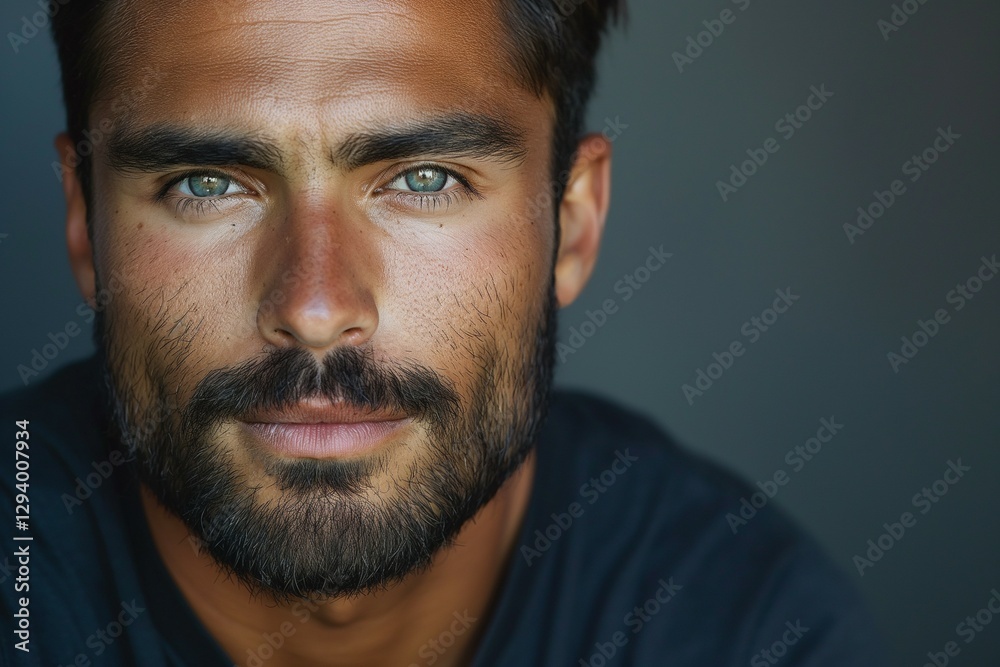 Close-up portrait of a young athletic man with striking blue eyes and a well-groomed beard, exuding confidence and charisma. Close-up portrait of a young athletic man with striking blue eyes and a well-groomed beard, exuding confidence and charisma.