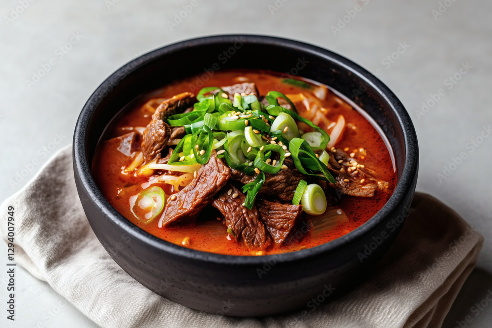 Spicy beef and scallion soup in a black bowl Spicy beef and scallion soup in a black bowl