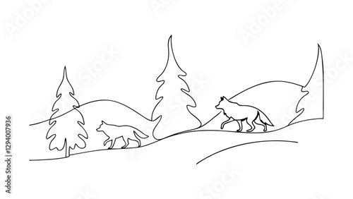 Minimalist line art depicts two wolves traversing a snowy hillside amidst stylized evergreen trees. Simple, elegant, singleline drawing style.