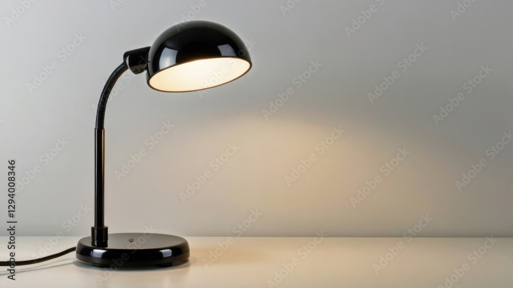 Isolated Black Desk Lamp with a Tall Shade Casting a Warm Glow on a White Table Against a Neutral Background Isolated Black Desk Lamp with a Tall Shade Casting a Warm Glow on a White Table Against a Neutral Background