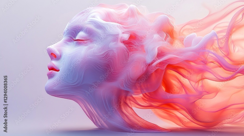 A sculptural face emerges amidst soft, flowing strands of vibrant colors. The combination of textures creates a calming, dream-like ambiance that evokes wonder and serenity A sculptural face emerges amidst soft, flowing strands of vibrant colors. The combination of textures creates a calming, dream-like ambiance that evokes wonder and serenity