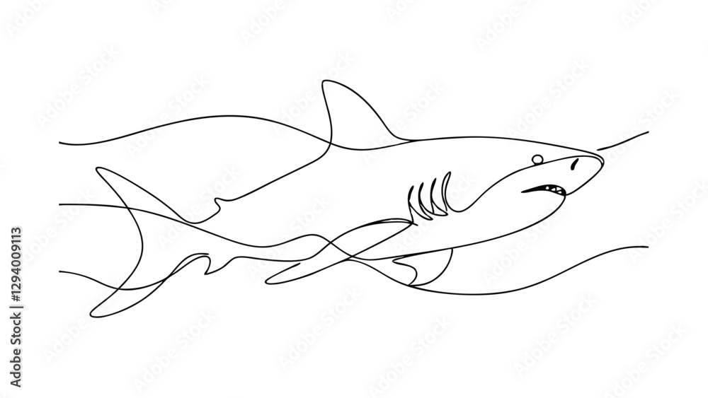 Obraz premium A singleline drawing depicts a shark gracefully moving through water. The minimalist style focuses on the sharks form and streamlined movement. The ocean is suggested by wavy lines.