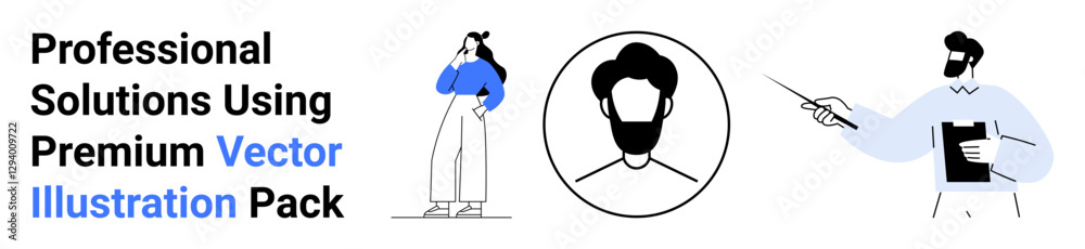 Man explaining with clipboard, faceless male portrait in circle, woman thinking. Ideal for education, marketing, storytelling, team collaboration, design consultation, personal branding flat landing Man explaining with clipboard, faceless male portrait in circle, woman thinking. Ideal for education, marketing, storytelling, team collaboration, design consultation, personal branding flat landing
