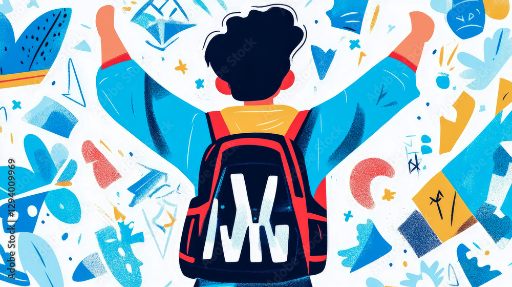 Back to School Celebration: Joyful Student with Raised Arms Amidst Abstract Shapes, Welcoming Learning Back to School Celebration: Joyful Student with Raised Arms Amidst Abstract Shapes, Welcoming Learning