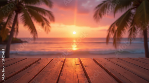 serene sunset view over beach with palm trees and wooden deck