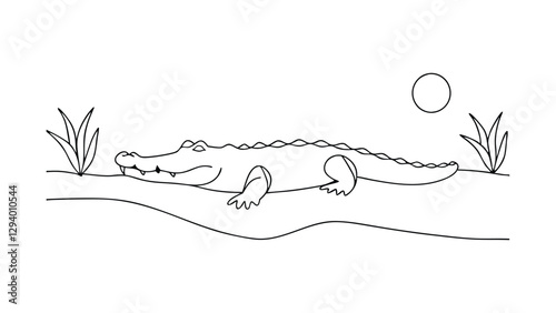 Simple line drawing of a crocodile resting on a riverbank. Grass and a sun are depicted in the background. Black and white coloring page style.