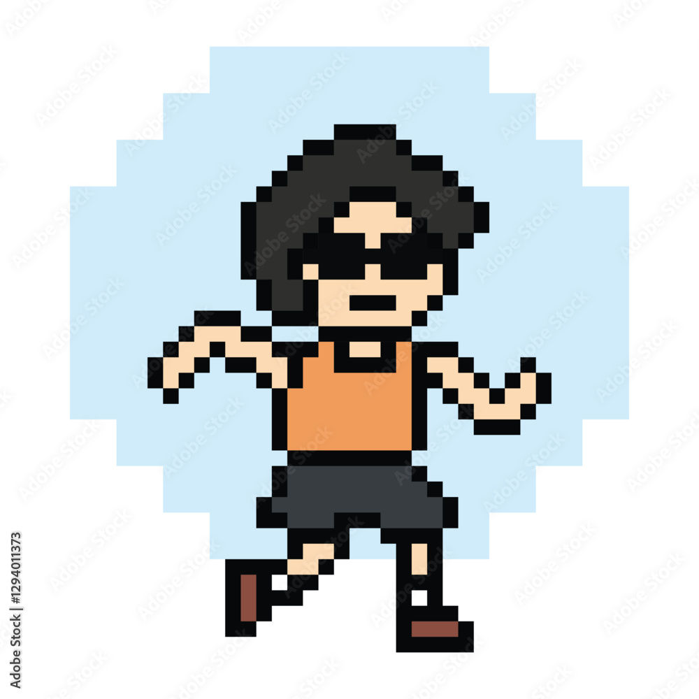 Fototapeta premium Cute pixel cartoon exercise run 8bit character man run running jog cardio lifestyle decoration life style 8 bit male boy jog marathon exercise png game 8 bit vector.