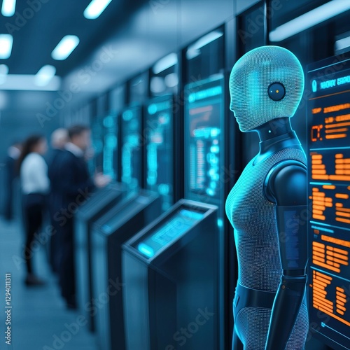 AI chatbots enhance customer service and improve customer experience. A futuristic scene featuring a humanoid robot alongside digital displays, showcasing advanced technology and human interaction