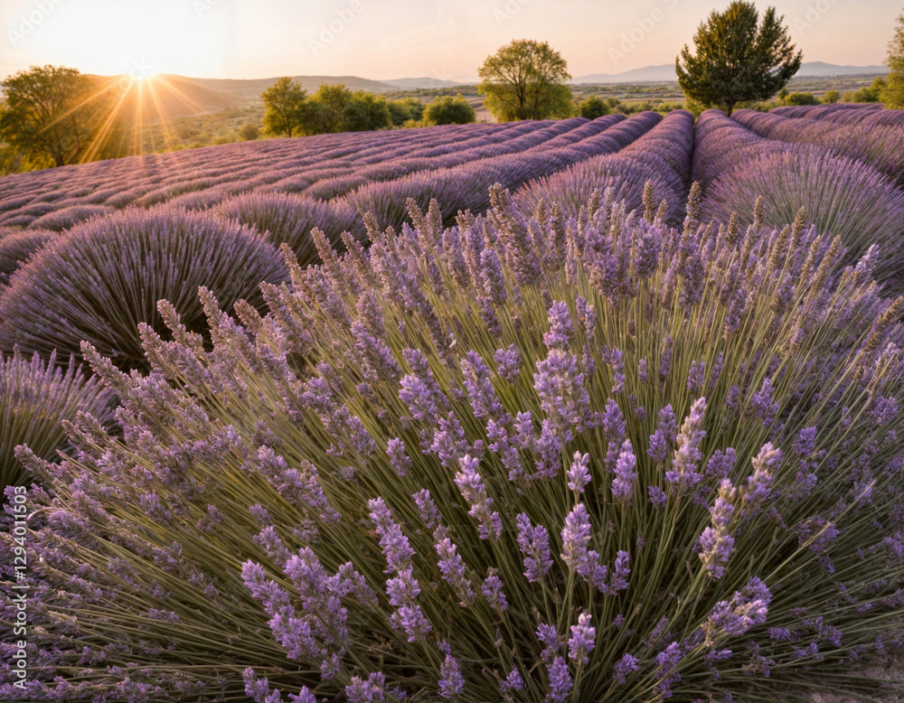 Obraz premium Lavender bushes closeup on sunset. Sunset gleam over purple flowers of lavender. Provence region of France.
