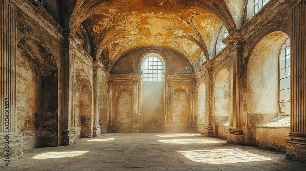 Ancient, Empty Stone Hall with Grand Ceilings Ancient, Empty Stone Hall with Grand Ceilings