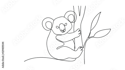 A simple line drawing depicts a koala sitting contentedly on a eucalyptus tree branch, showcasing its cuddly features and peaceful demeanor. Minimalist style.