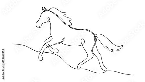 A minimalist line drawing depicts a horse in full gallop. The continuous line style creates a sense of movement and grace. Simple yet expressive.