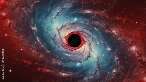Red Galaxy Swirl with a Black Central Void in a Spiral Design in Deep Space and Starfield