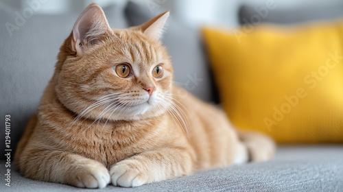 A relaxed orange cat lounging on a sofa, with a cozy yellow pillow in the background, capturing a peaceful indoor moment.