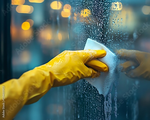 Hand in yellow glove cleaning a window for the house photo