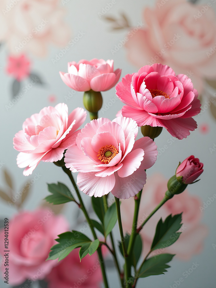 Carnation Blooms Against An Abstract Floral Background, Evoking Perfume Scents And Luxurious Beauty, Perfect For Weddings And Special Occasions. Carnation Blooms Against An Abstract Floral Background, Evoking Perfume Scents And Luxurious Beauty, Perfect For Weddings And Special Occasions.