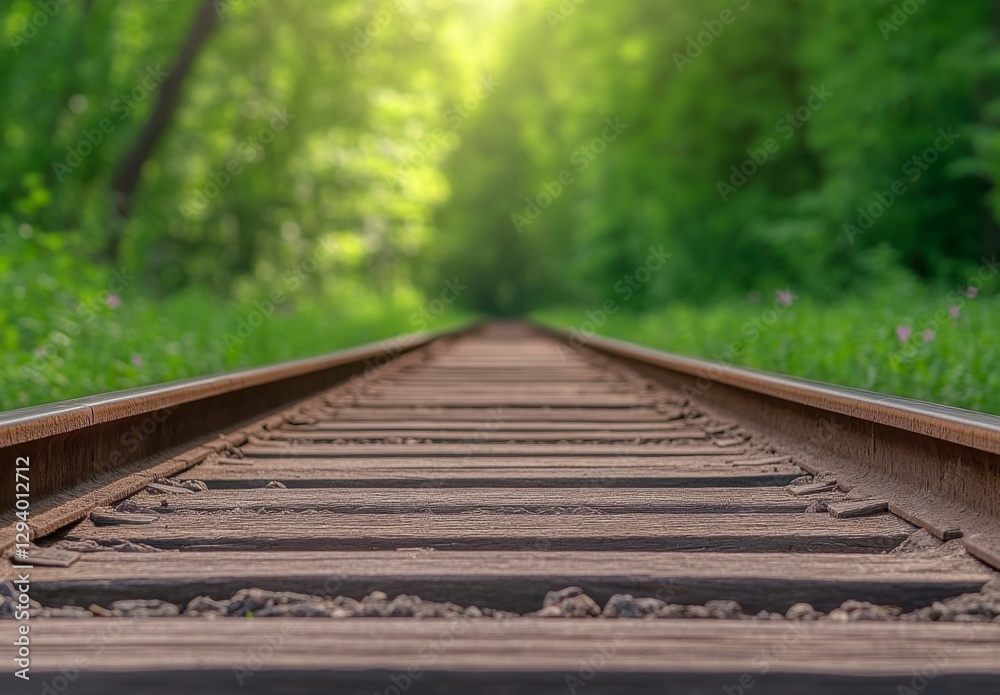 Rustic railroad track extending into a lush green forest, bathed in sunlight. The perspective is low to the ground, emphasizing the texture of the Rustic railroad track extending into a lush green forest, bathed in sunlight. The perspective is low to the ground, emphasizing the texture of the