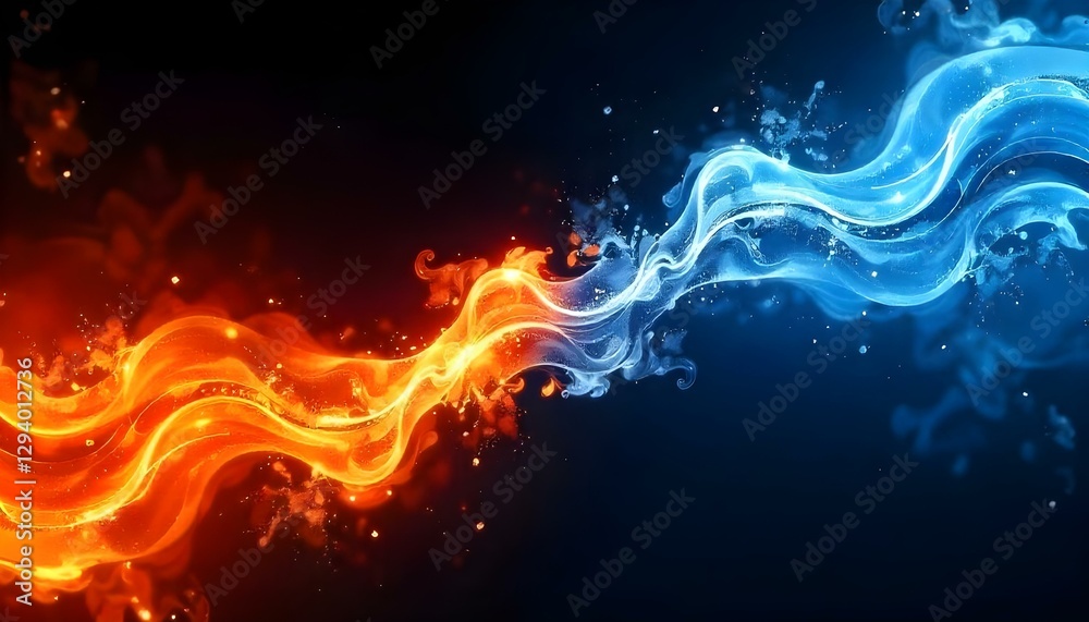 Obraz premium Arte digital abstracto de fuego y hielo, con llamas en tonos de rojo, naranja y amarillo a la izquierda, y hielo en tonos de azul y blanco a la derecha, sobre un fondo negro, creando un contraste