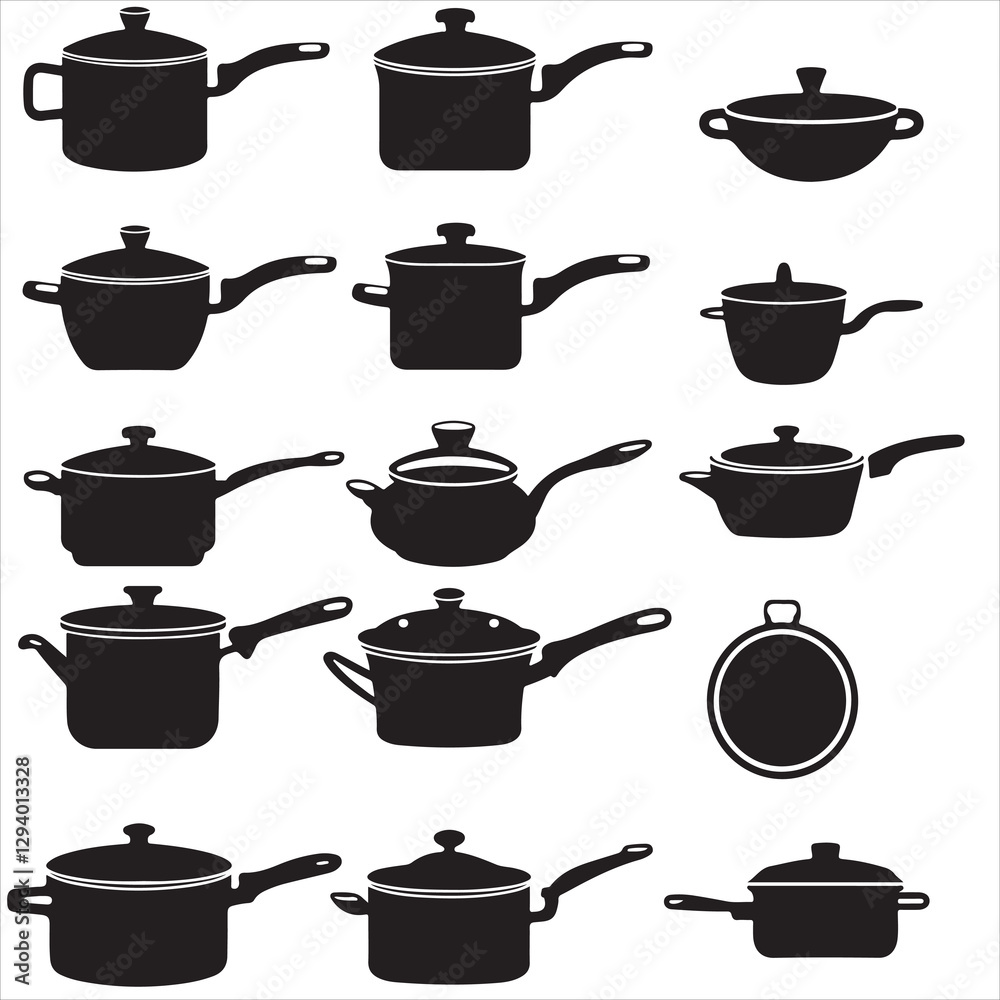 set vector various Kitchen saucepan silhouettes set vector various Kitchen saucepan silhouettes