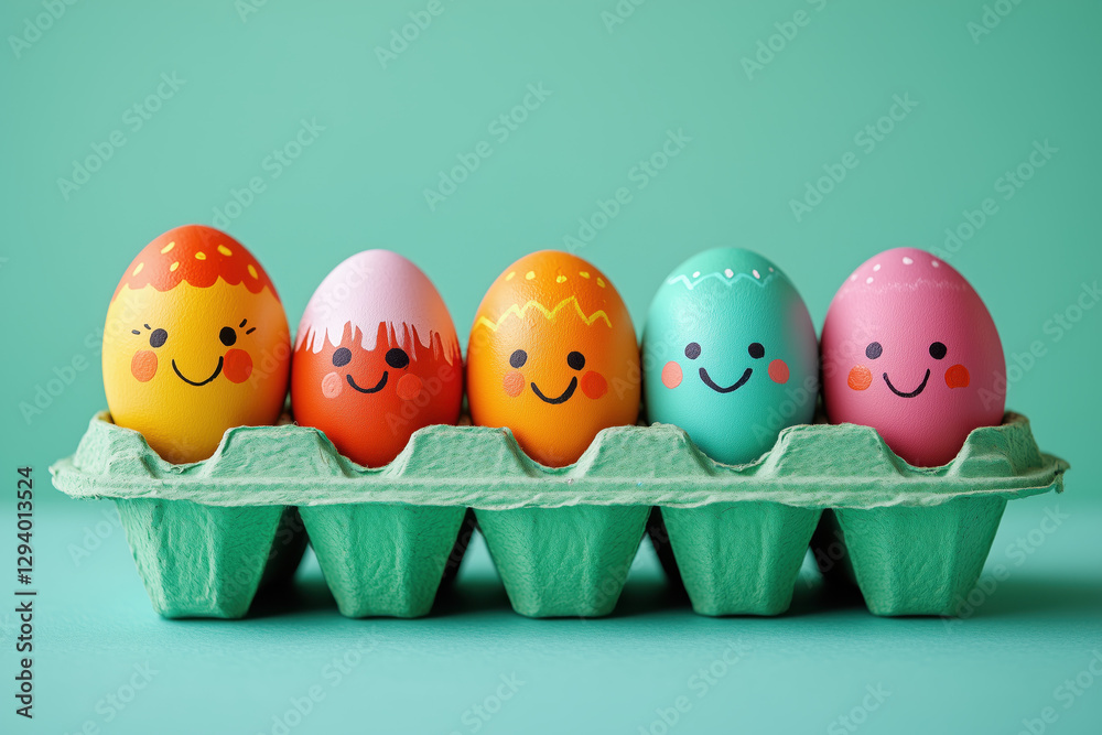 Cute easter eggs with funny faces in green box isolated on light blue background. Happy easter concept. Painted Easter eggs.