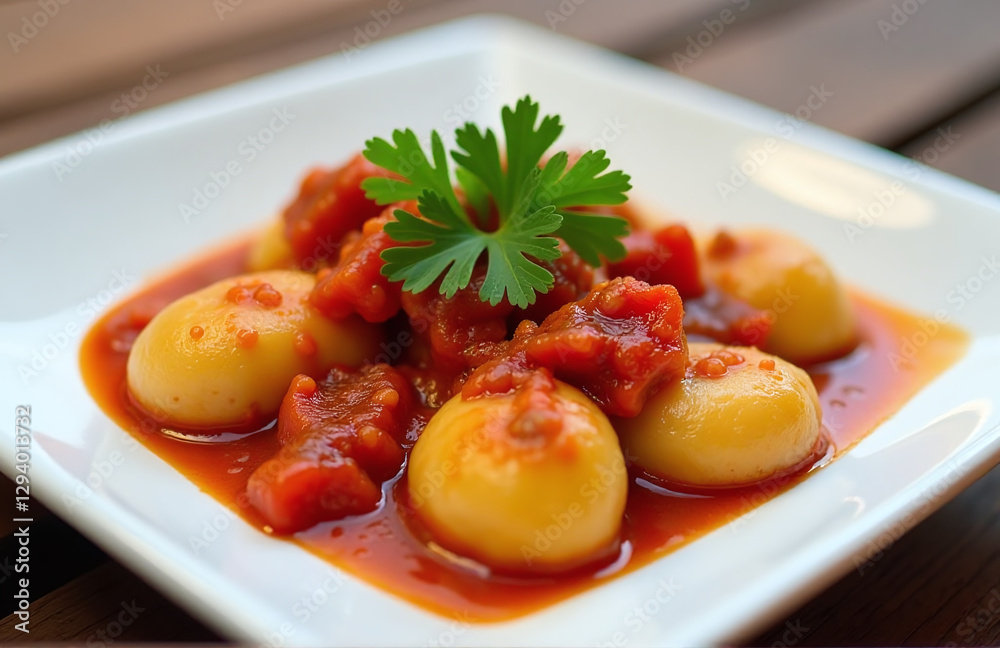 Bulgur Dumplings Tossed With Rich Tomato And Red Pepper Sauce, Topped With Fresh Parsley, Served In A Square White Plate. Bulgur Dumplings Tossed With Rich Tomato And Red Pepper Sauce, Topped With Fresh Parsley, Served In A Square White Plate.