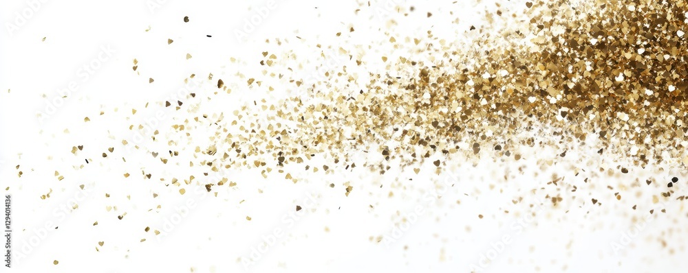 A stunning display of golden dust particles gracefully swirling and dancing in the air against a clean, white background. A stunning display of golden dust particles gracefully swirling and dancing in the air against a clean, white background.