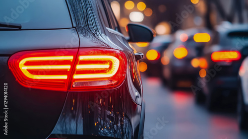 Night Traffic Tail Light: A Close Up of Car's Illuminated Lamp on a Congested City Street with Bokeh photo