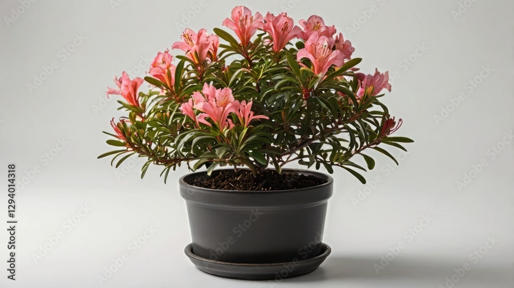 Obraz premium Small Azalea Shrub in Dark Pot with Delicate Pink Flowers Isolated on a White Background Exhibiting Green Foliage and Blooming Freshness