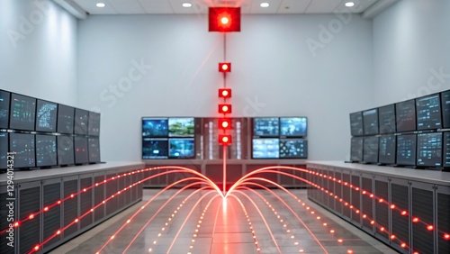 Artificial intelligence technology and neural networks enhance big data cybersecurity, securing data streams effectively. A modern control room featuring multiple screens 