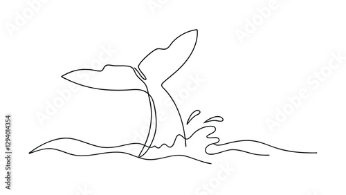 A minimalist line art drawing depicts a whales tail breaching the ocean surface, creating a small splash. Simple, elegant, and evocative of marine wildlife.