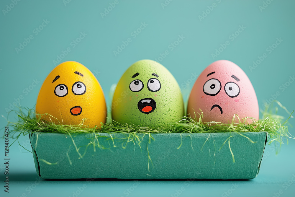 Cute easter eggs with funny faces in green box isolated on light blue background. Happy easter concept. Painted Easter eggs.
