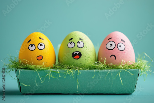 Obraz na płótnie Cute easter eggs with funny faces in green box isolated on light blue background. Happy easter concept. Painted Easter eggs. w salonie